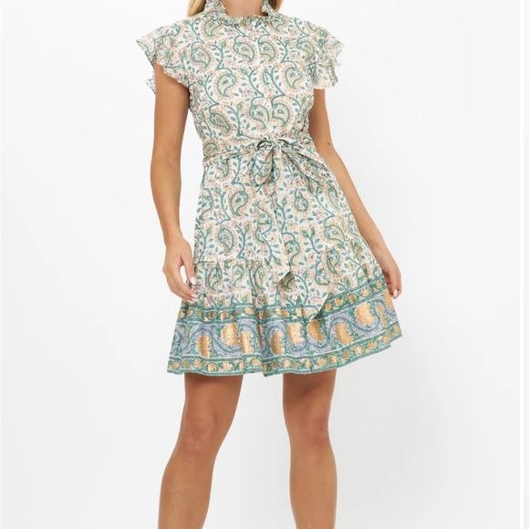 OLIPHANT design ruffle collar mini marseille Floral gold Dress S NWOT romantic - Picture 3 of 11